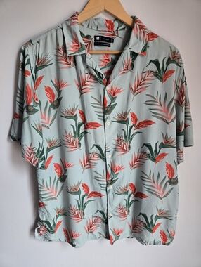 SIMONS Le31 Flowy Viscose Floral Short-Sleeve Shirt - Mint with Coral & Green
